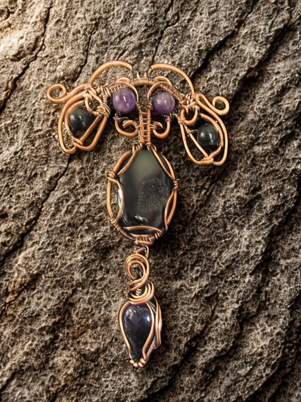 Handmade Wire wrapped Statement Necklace w/ Amethyst, Obsidian Druzy, Copper - Picture 8 of 8